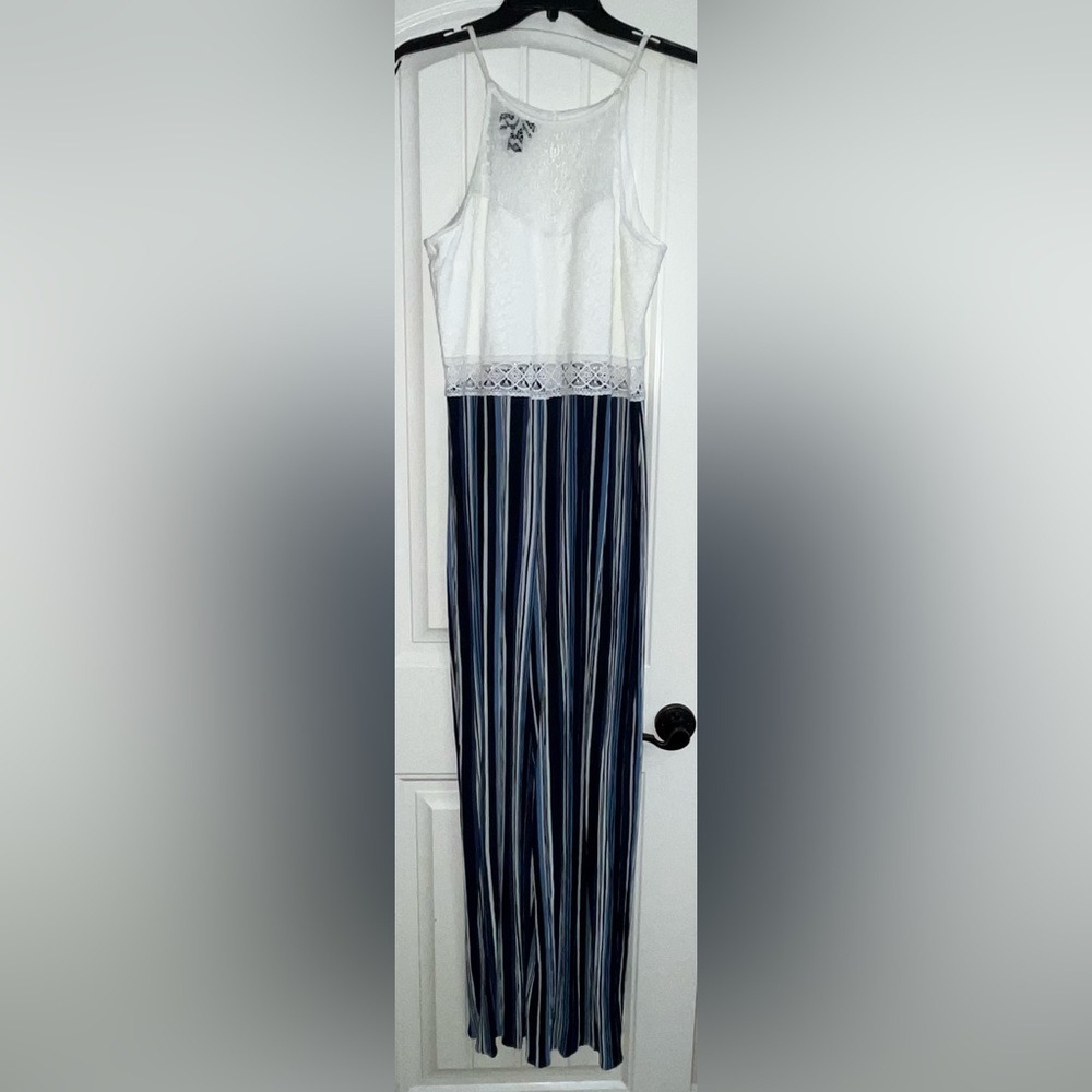 I.N San Francisco White Lace Top & Blue Striped Jumpsuit, Size: 11